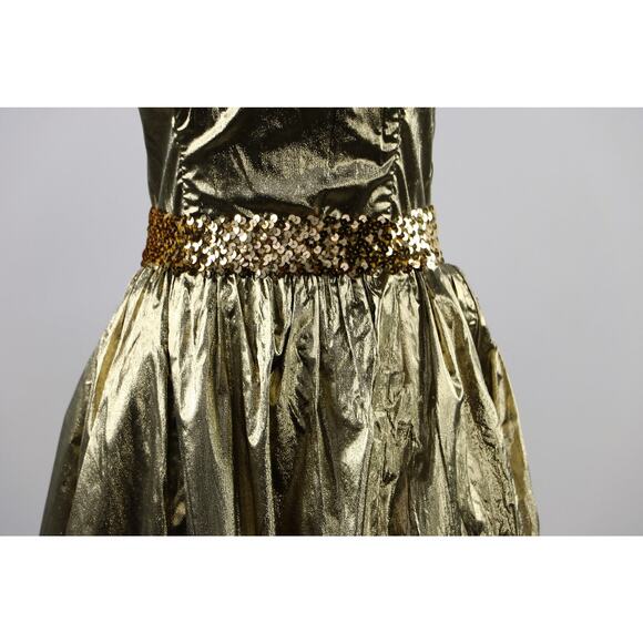 1980s XS Metallic Gold Strapless Gunne Sax Dress with Gold Sequin Belt - Picture 4 of 9